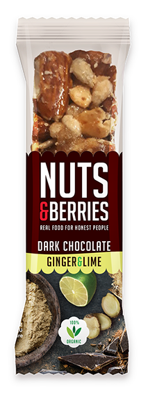 Barres de chocolat noir aux noix et aux baies, citron vert et gingembre, 40 g - 15 pièces